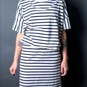 Kowtow Mini T-shirt Dress EUC XS Cotton Tiered White Blue Stripes